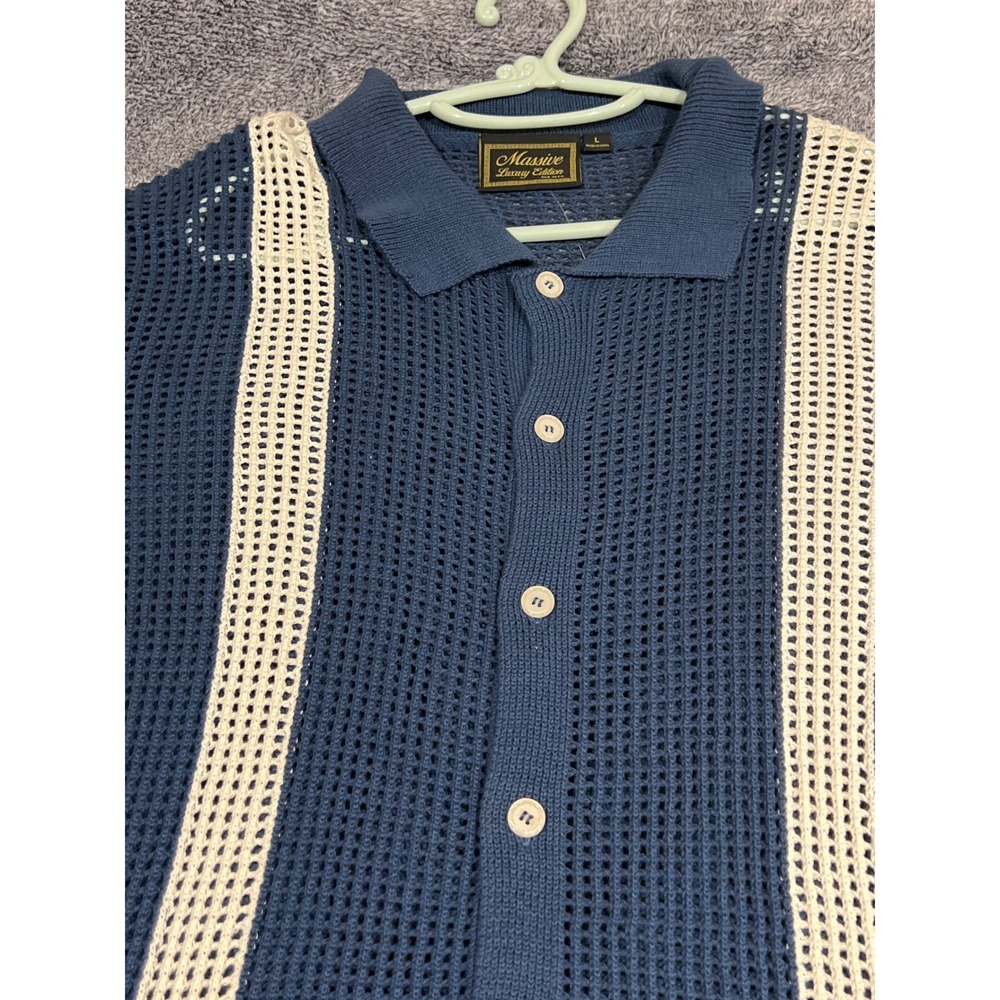 Massive Luxury Edition Mens Large Blue Cream Crochet Knit Button Down Shirt NWT